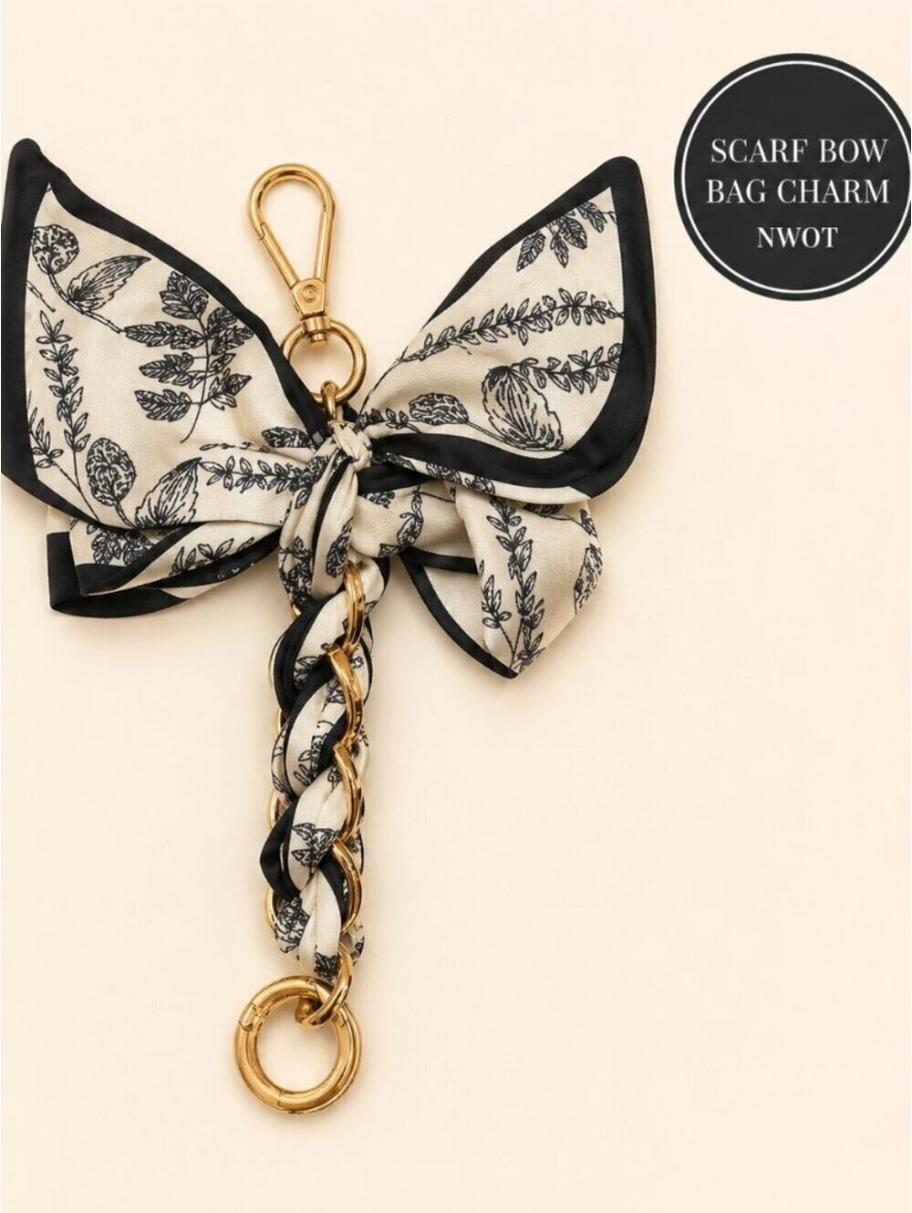 NWOT | Scarf Bow Bag Charm Keychain Black White Botanical Print Gold Hardware